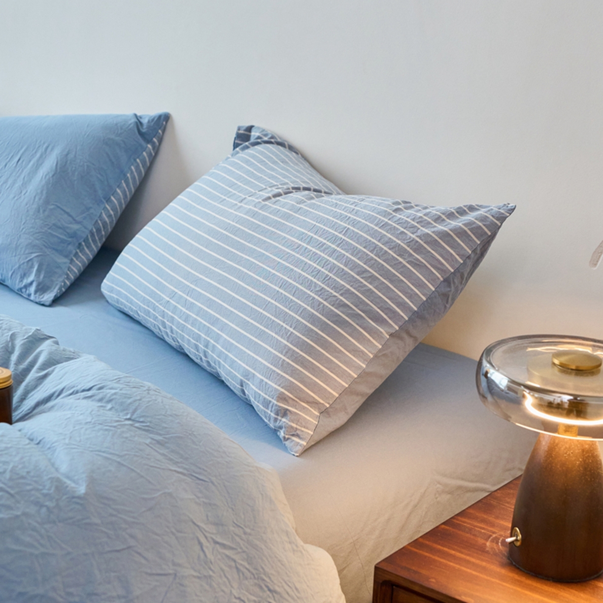 91家纺网 家纺一手货源 找家纺 春皖家纺 2026春夏新款全棉水洗棉单枕套枕套单件单品枕套 素雅-蓝条