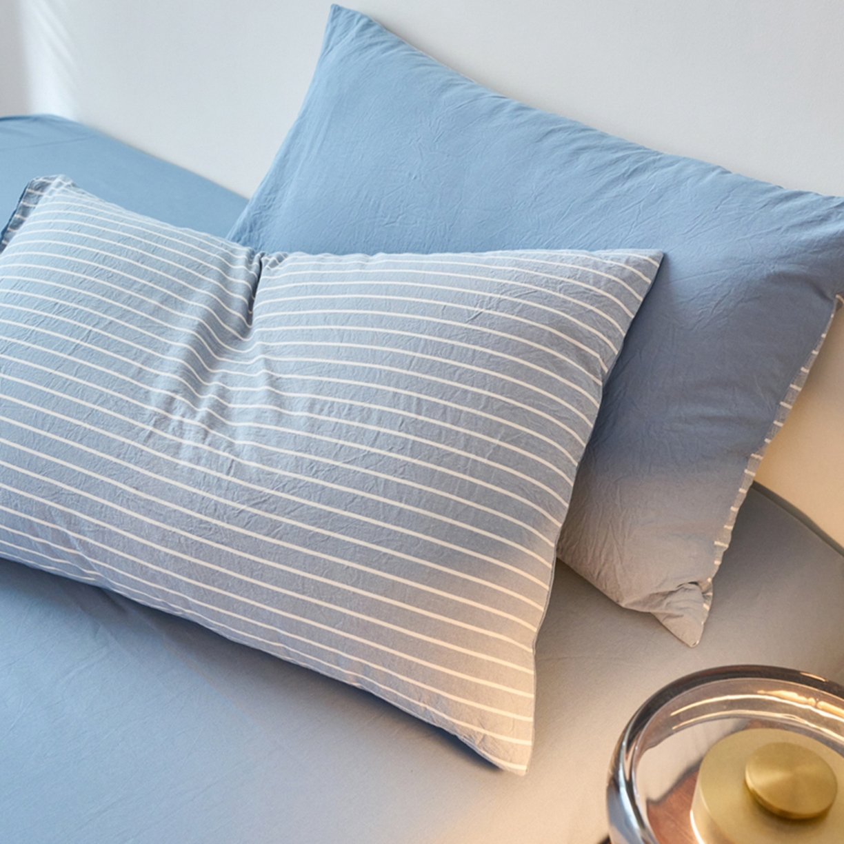 91家纺网 家纺一手货源 找家纺 春皖家纺 2026春夏新款全棉水洗棉单枕套枕套单件单品枕套 素雅-蓝条