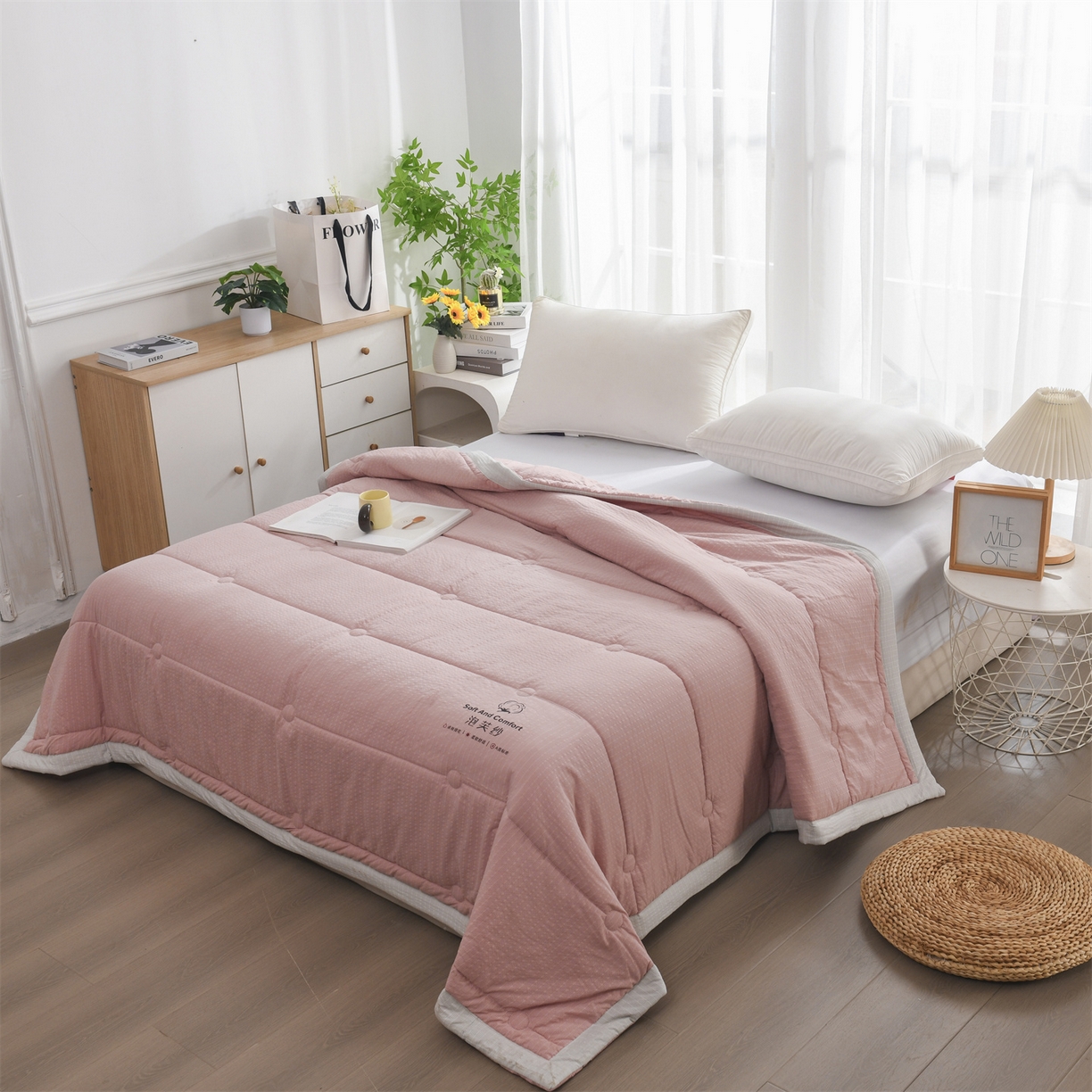 91家纺网 家纺一手货源 找家纺 恋绒家纺 2026春夏新款泡芙纱双层纱泡泡提花皱皱纱夏被夏凉被空调被 豆沙