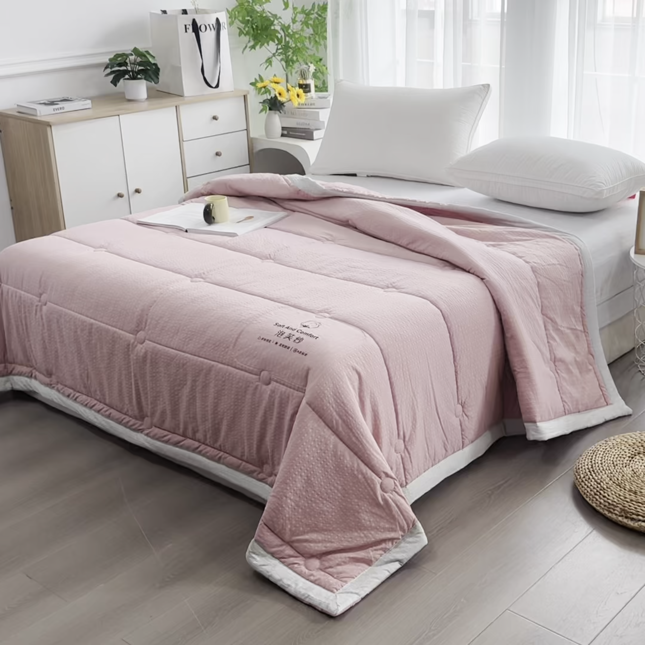 91家纺网 家纺一手货源 找家纺 恋绒家纺 2026春夏新款泡芙纱双层纱泡泡提花皱皱纱夏被夏凉被空调被 豆沙