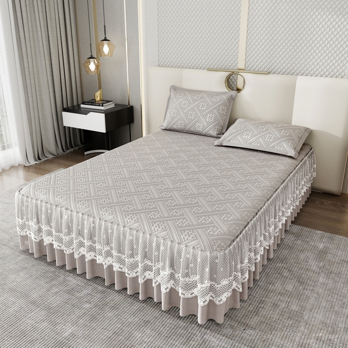 91家纺网 家纺一手货源 找家纺 雅诗帛 2026新款PE凉感丝床裙款凉席三件套-织序 织序床裙-灰