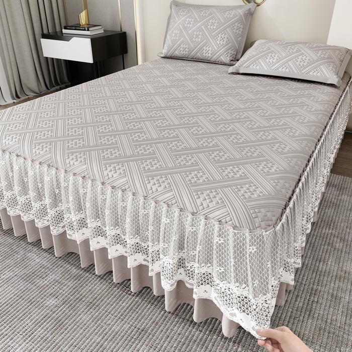 91家纺网 家纺一手货源 找家纺 雅诗帛 2026新款PE凉感丝床裙款凉席三件套-织序 织序床裙-灰