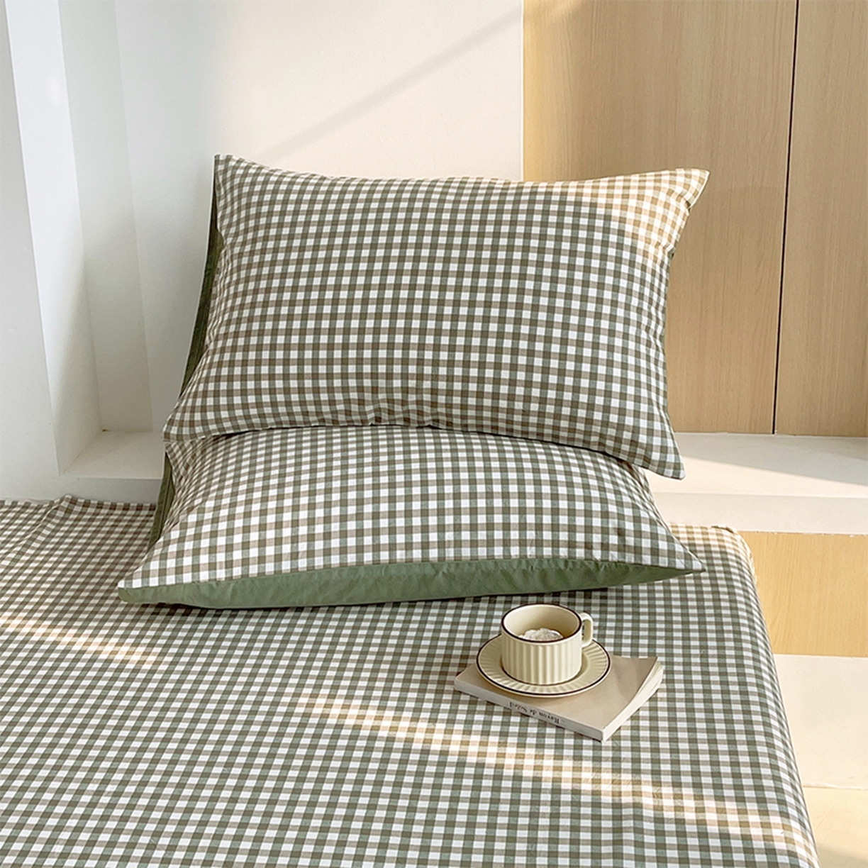 91家纺网 家纺一手货源 找家纺 春皖家纺 2026春夏新款全棉水洗棉单枕套枕套单件单品枕套 素雅-绿格