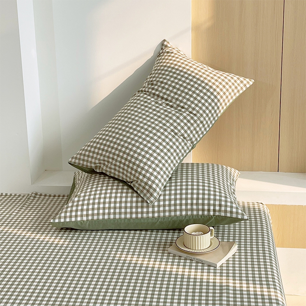 91家纺网 家纺一手货源 找家纺 春皖家纺 2026春夏新款全棉水洗棉单枕套枕套单件单品枕套 素雅-绿格