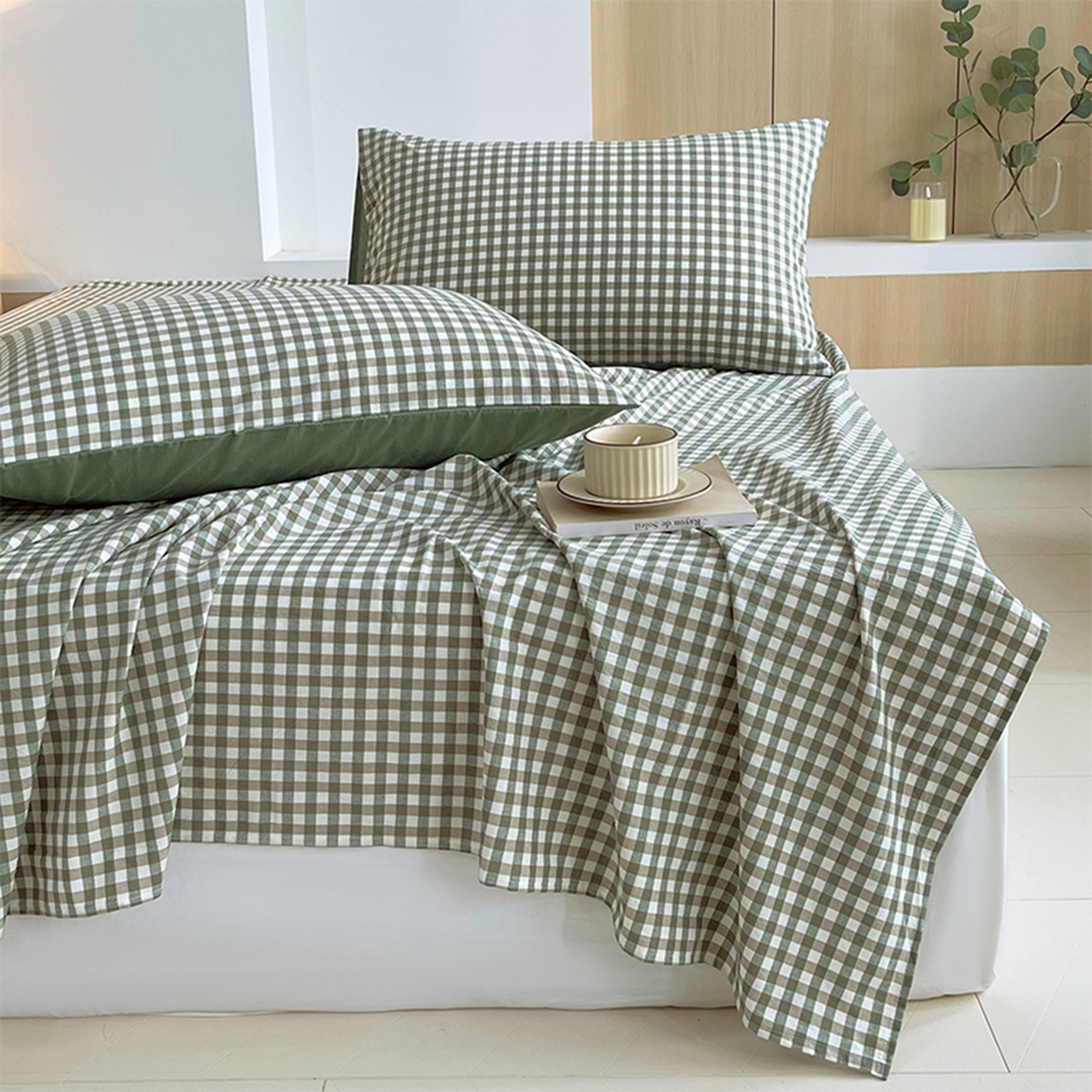 91家纺网 家纺一手货源 找家纺 春皖家纺 2026春夏新款全棉水洗棉单枕套枕套单件单品枕套 素雅-绿格