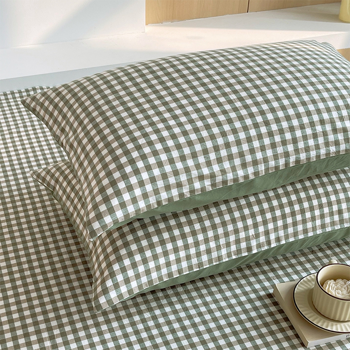 91家纺网 家纺一手货源 找家纺 春皖家纺 2026春夏新款全棉水洗棉单枕套枕套单件单品枕套 素雅-绿格