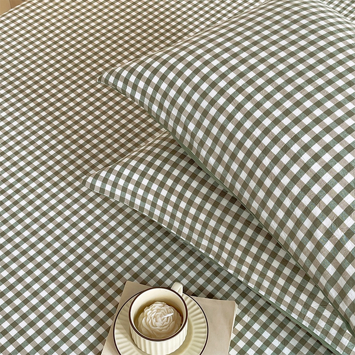 91家纺网 家纺一手货源 找家纺 春皖家纺 2026春夏新款全棉水洗棉单枕套枕套单件单品枕套 素雅-绿格