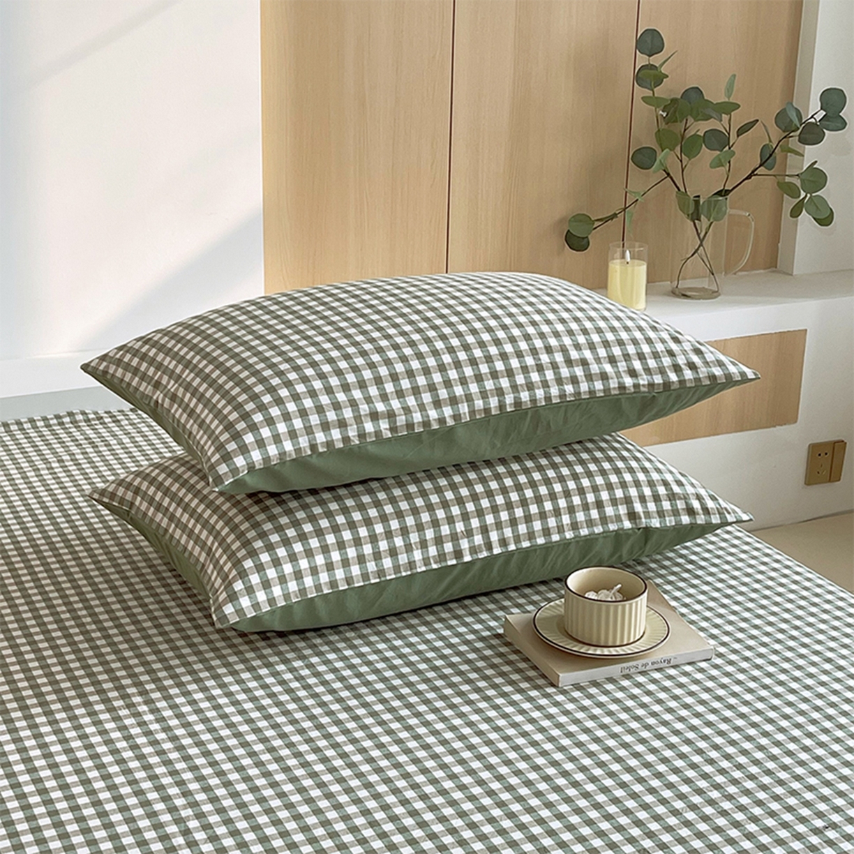 91家纺网 家纺一手货源 找家纺 春皖家纺 2026春夏新款全棉水洗棉单枕套枕套单件单品枕套 素雅-绿格