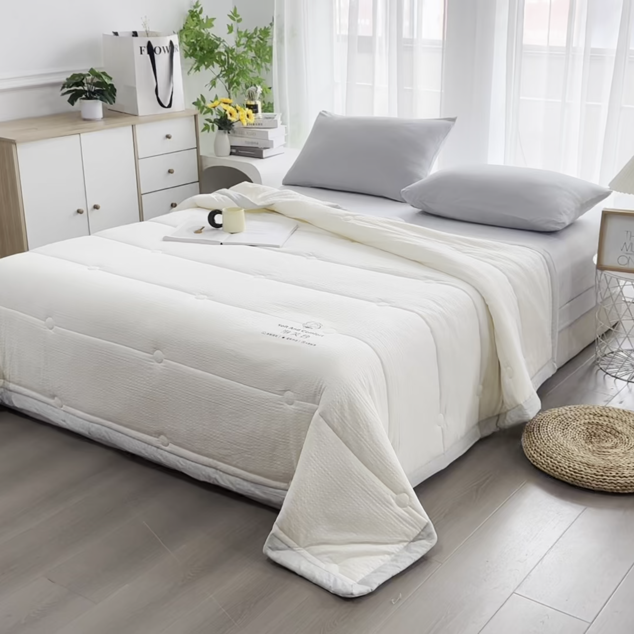 91家纺网 家纺一手货源 找家纺 恋绒家纺 2026春夏新款泡芙纱双层纱泡泡提花皱皱纱夏被夏凉被空调被 米白色