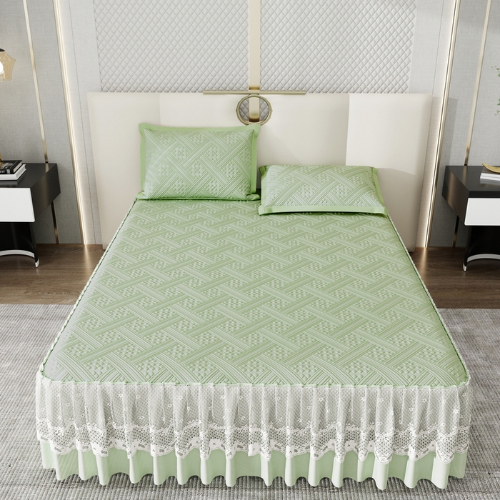 91家纺网 家纺一手货源 找家纺 雅诗帛 2026新款PE凉感丝床裙款凉席三件套-织序 织序床裙-绿