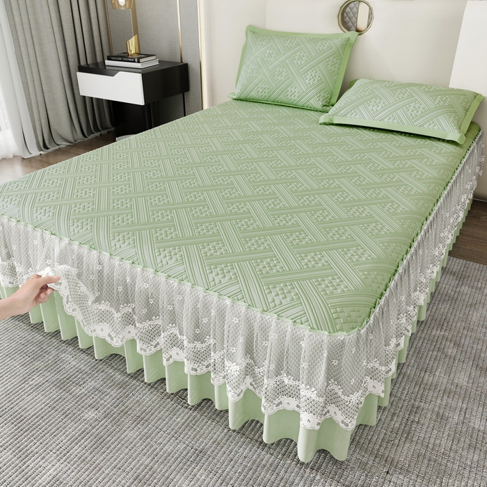 91家纺网 家纺一手货源 找家纺 雅诗帛 2026新款PE凉感丝床裙款凉席三件套-织序 织序床裙-绿