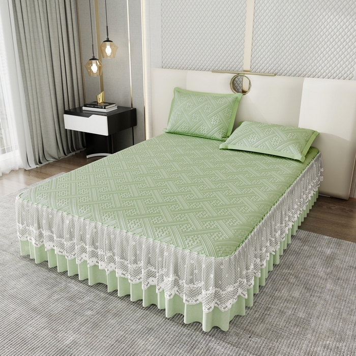 91家纺网 家纺一手货源 找家纺 雅诗帛 2026新款PE凉感丝床裙款凉席三件套-织序 织序床裙-绿