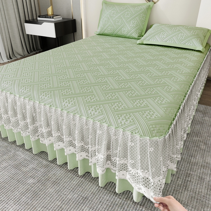 91家纺网 家纺一手货源 找家纺 雅诗帛 2026新款PE凉感丝床裙款凉席三件套-织序 织序床裙-绿