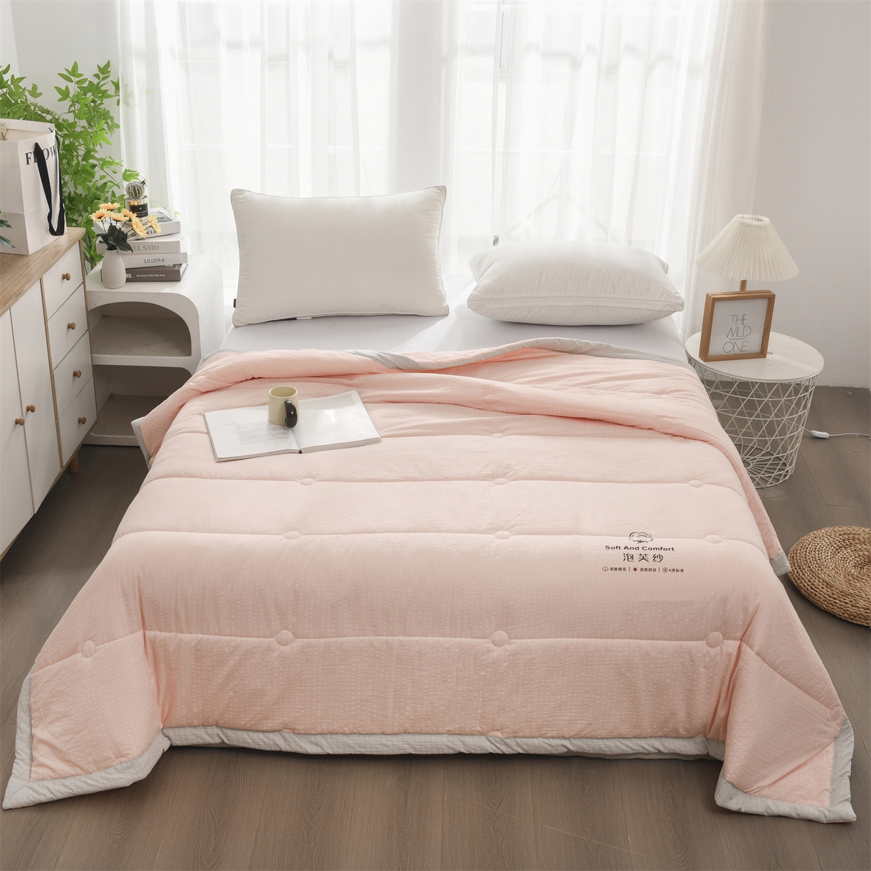 91家纺网 家纺一手货源 找家纺 恋绒家纺 2026春夏新款泡芙纱双层纱泡泡提花皱皱纱夏被夏凉被空调被 浅粉