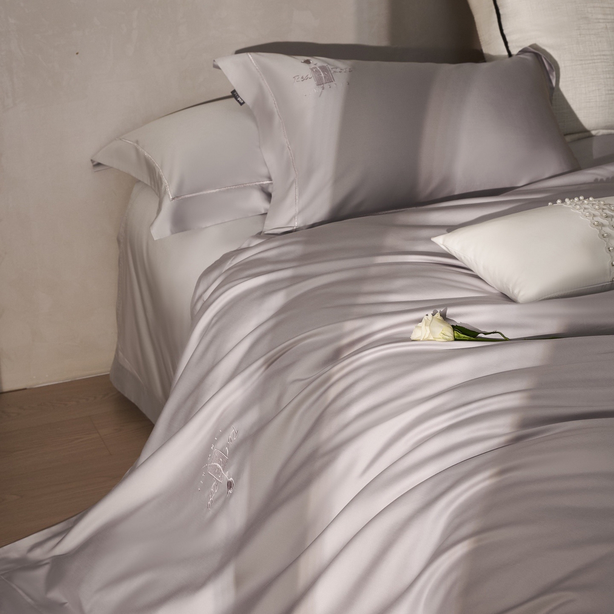 玖玖爱家纺 2026新款100支奢织黄金长绒棉四件套-玫瑰 玫瑰-杉烟灰