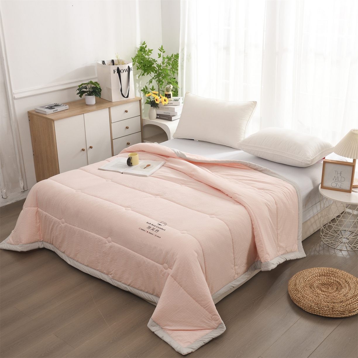 91家纺网 家纺一手货源 找家纺 恋绒家纺 2026春夏新款泡芙纱双层纱泡泡提花皱皱纱夏被夏凉被空调被 浅粉