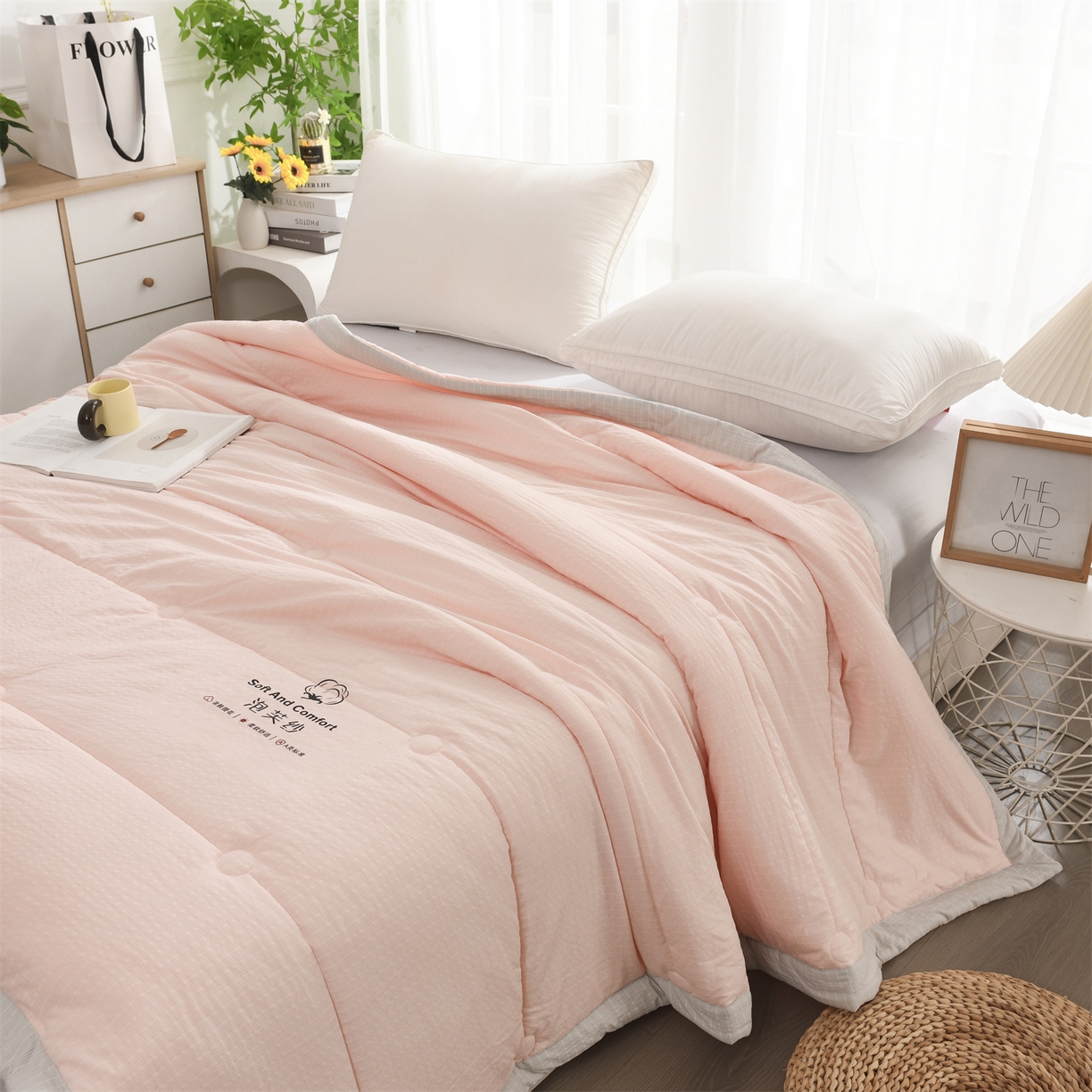 91家纺网 家纺一手货源 找家纺 恋绒家纺 2026春夏新款泡芙纱双层纱泡泡提花皱皱纱夏被夏凉被空调被 浅粉