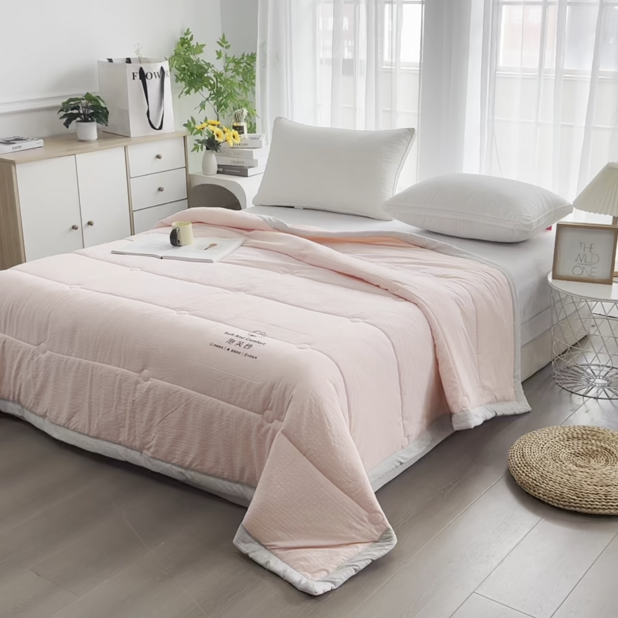 91家纺网 家纺一手货源 找家纺 恋绒家纺 2026春夏新款泡芙纱双层纱泡泡提花皱皱纱夏被夏凉被空调被 浅粉