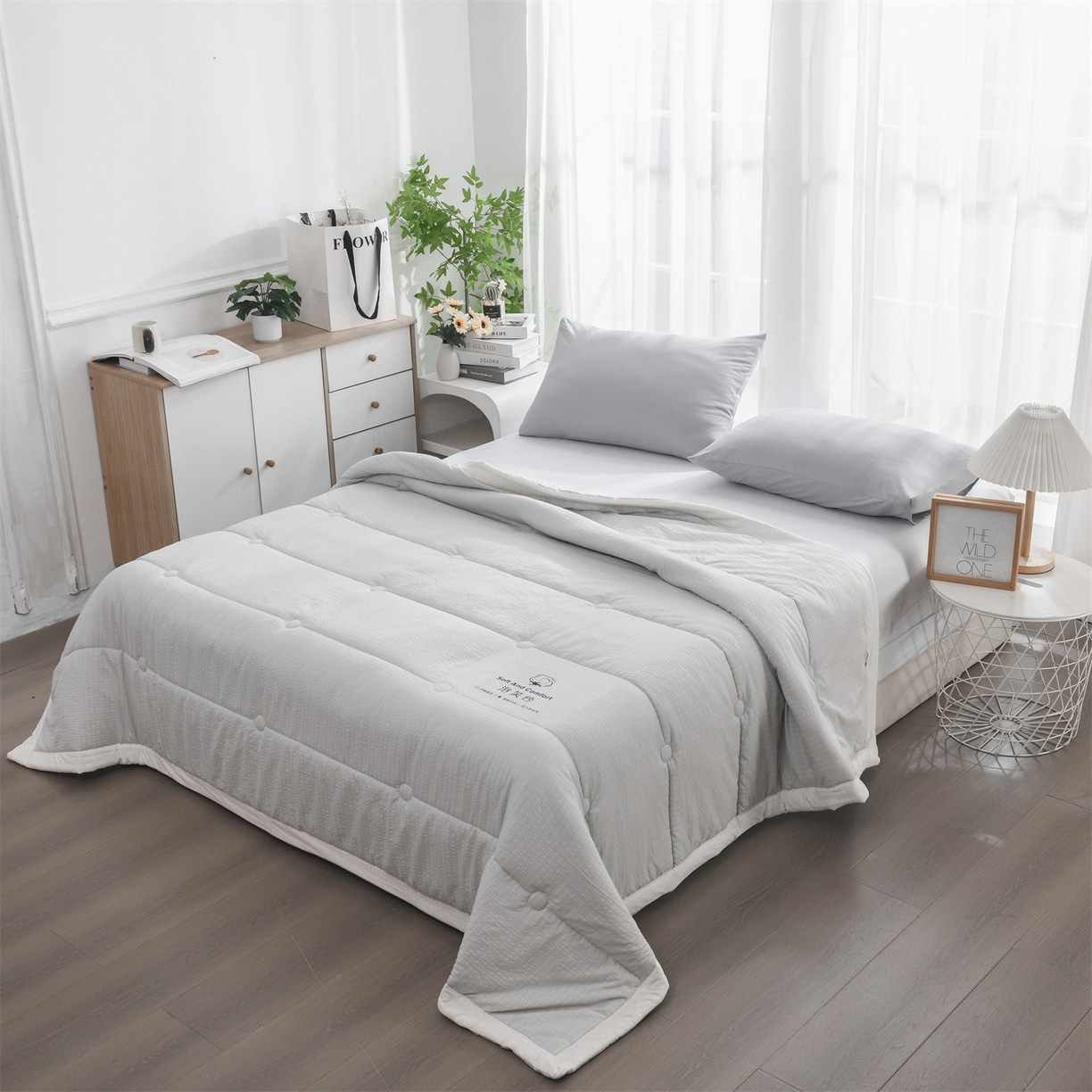 91家纺网 家纺一手货源 找家纺 恋绒家纺 2026春夏新款泡芙纱双层纱泡泡提花皱皱纱夏被夏凉被空调被 浅灰