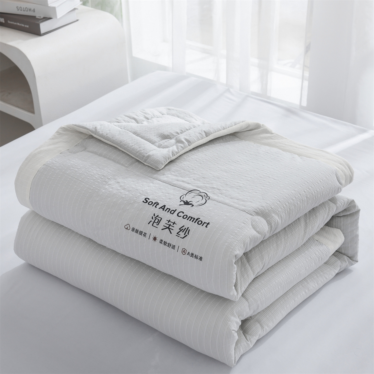 91家纺网 家纺一手货源 找家纺 恋绒家纺 2026春夏新款泡芙纱双层纱泡泡提花皱皱纱夏被夏凉被空调被 浅灰