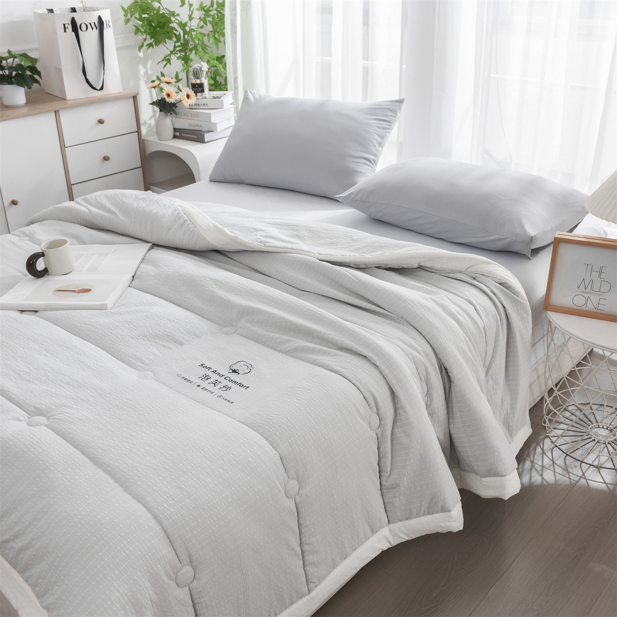 91家纺网 家纺一手货源 找家纺 恋绒家纺 2026春夏新款泡芙纱双层纱泡泡提花皱皱纱夏被夏凉被空调被 浅灰