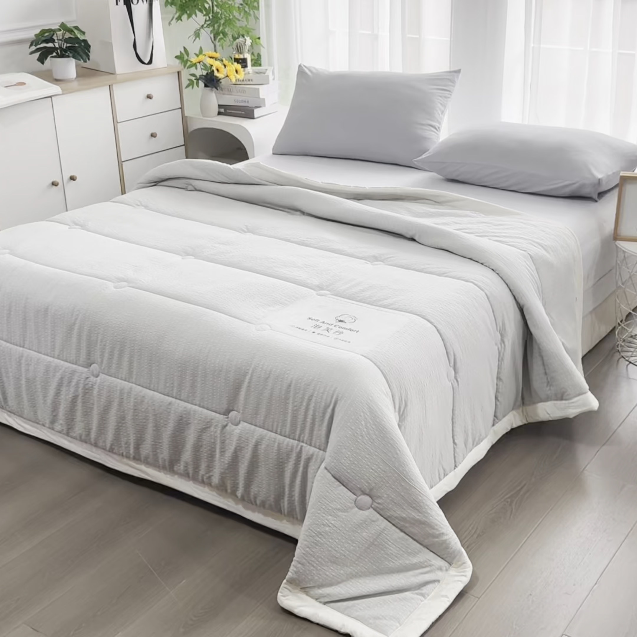 91家纺网 家纺一手货源 找家纺 恋绒家纺 2026春夏新款泡芙纱双层纱泡泡提花皱皱纱夏被夏凉被空调被 浅灰