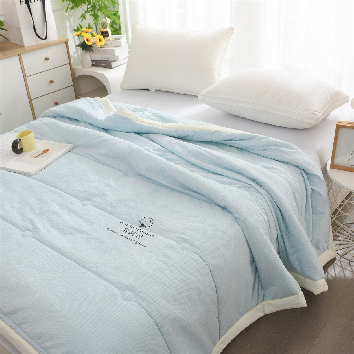 91家纺网 家纺一手货源 找家纺 恋绒家纺 2026春夏新款泡芙纱双层纱泡泡提花皱皱纱夏被夏凉被空调被 浅蓝色