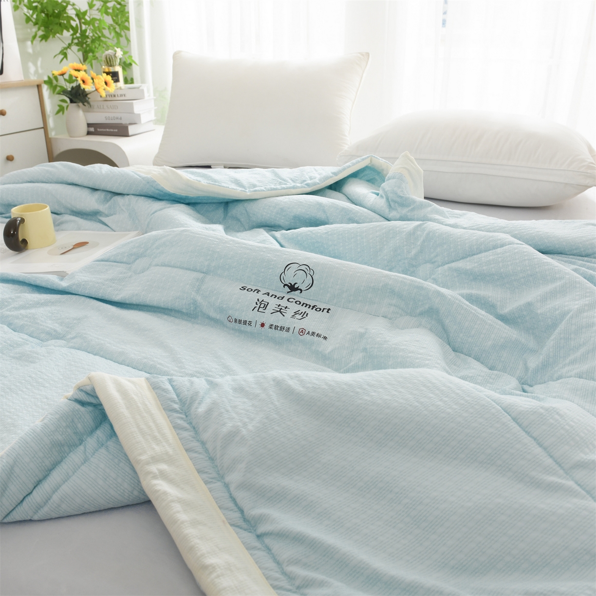 91家纺网 家纺一手货源 找家纺 恋绒家纺 2026春夏新款泡芙纱双层纱泡泡提花皱皱纱夏被夏凉被空调被 浅蓝色