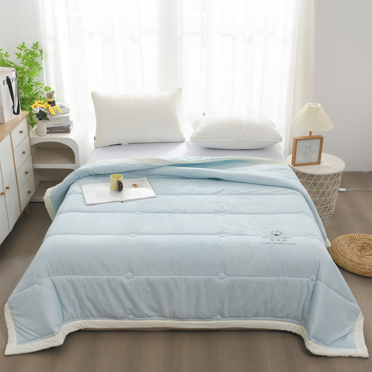 91家纺网 家纺一手货源 找家纺 恋绒家纺 2026春夏新款泡芙纱双层纱泡泡提花皱皱纱夏被夏凉被空调被 浅蓝色