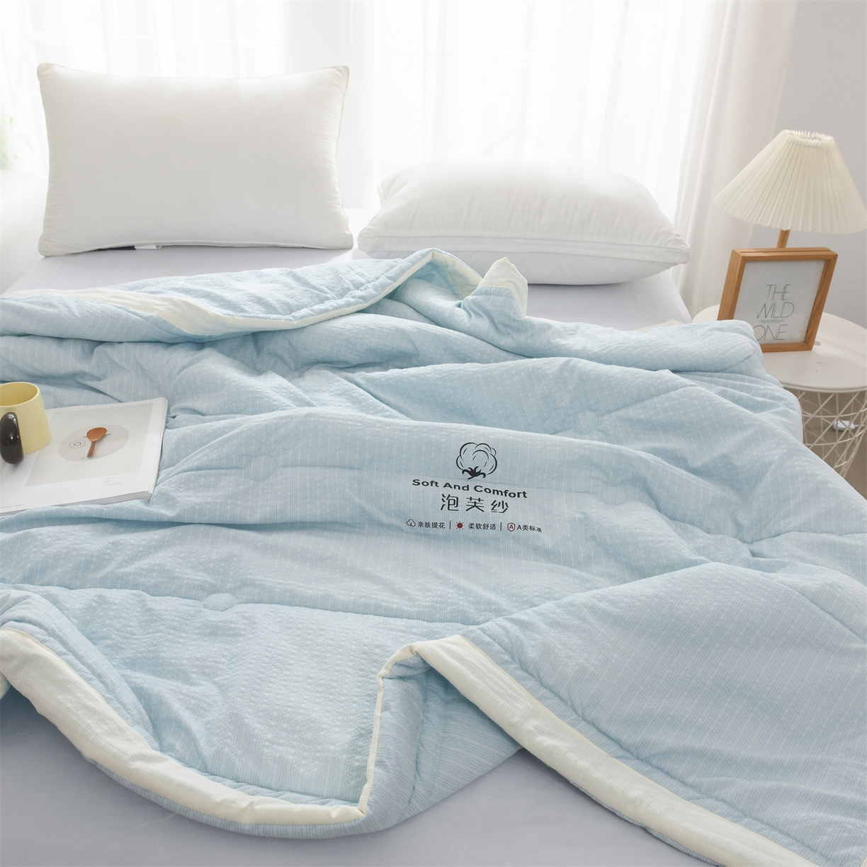 91家纺网 家纺一手货源 找家纺 恋绒家纺 2026春夏新款泡芙纱双层纱泡泡提花皱皱纱夏被夏凉被空调被 浅蓝色
