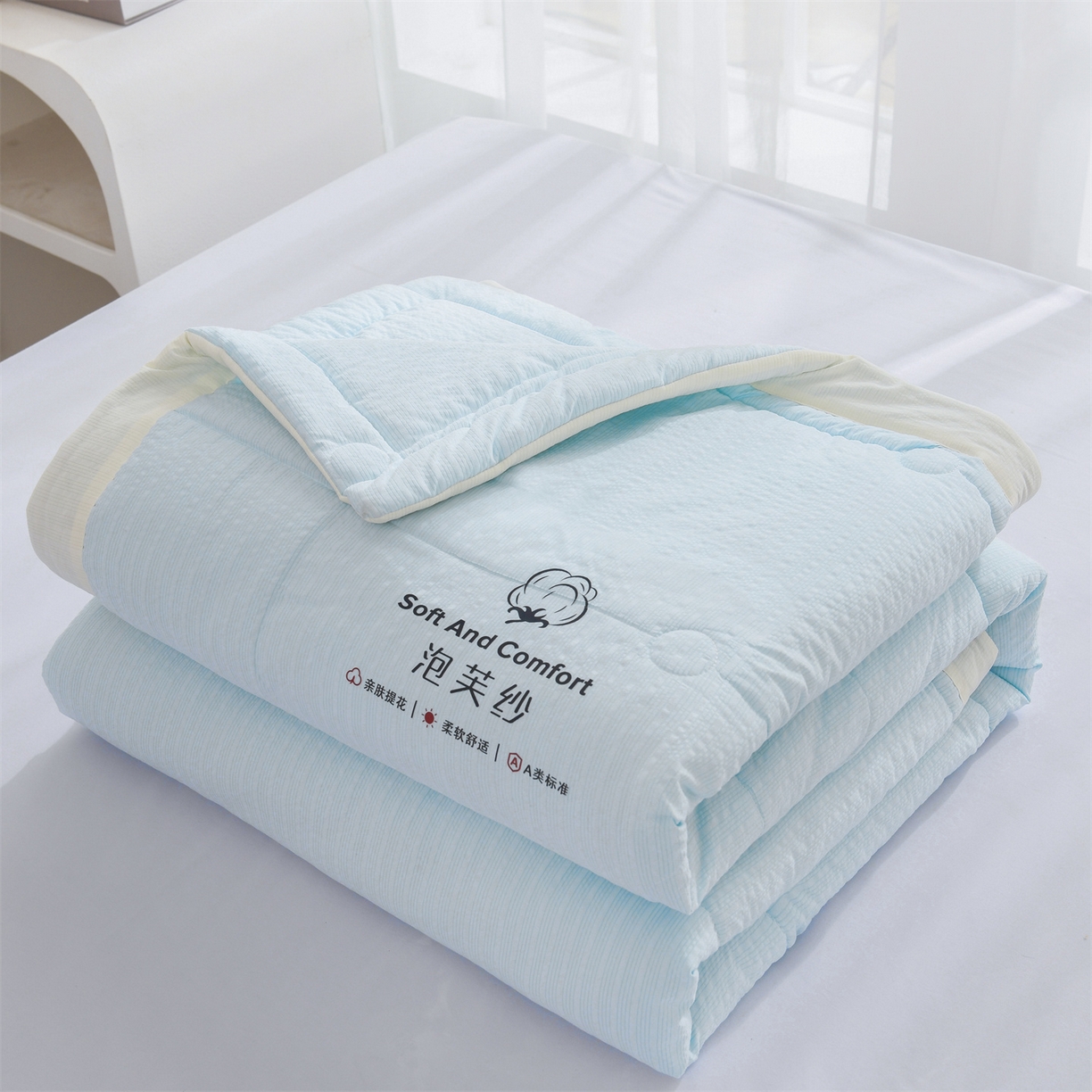 91家纺网 家纺一手货源 找家纺 恋绒家纺 2026春夏新款泡芙纱双层纱泡泡提花皱皱纱夏被夏凉被空调被 浅蓝色