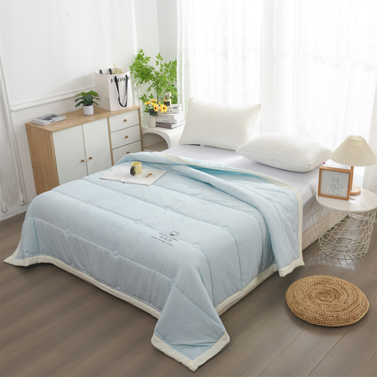 91家纺网 家纺一手货源 找家纺 恋绒家纺 2026春夏新款泡芙纱双层纱泡泡提花皱皱纱夏被夏凉被空调被 浅蓝色