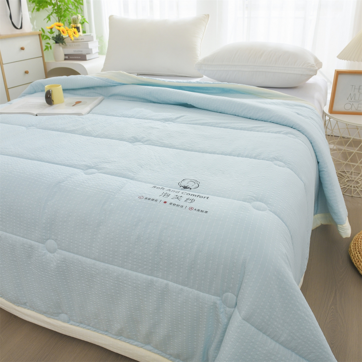 91家纺网 家纺一手货源 找家纺 恋绒家纺 2026春夏新款泡芙纱双层纱泡泡提花皱皱纱夏被夏凉被空调被 浅蓝色