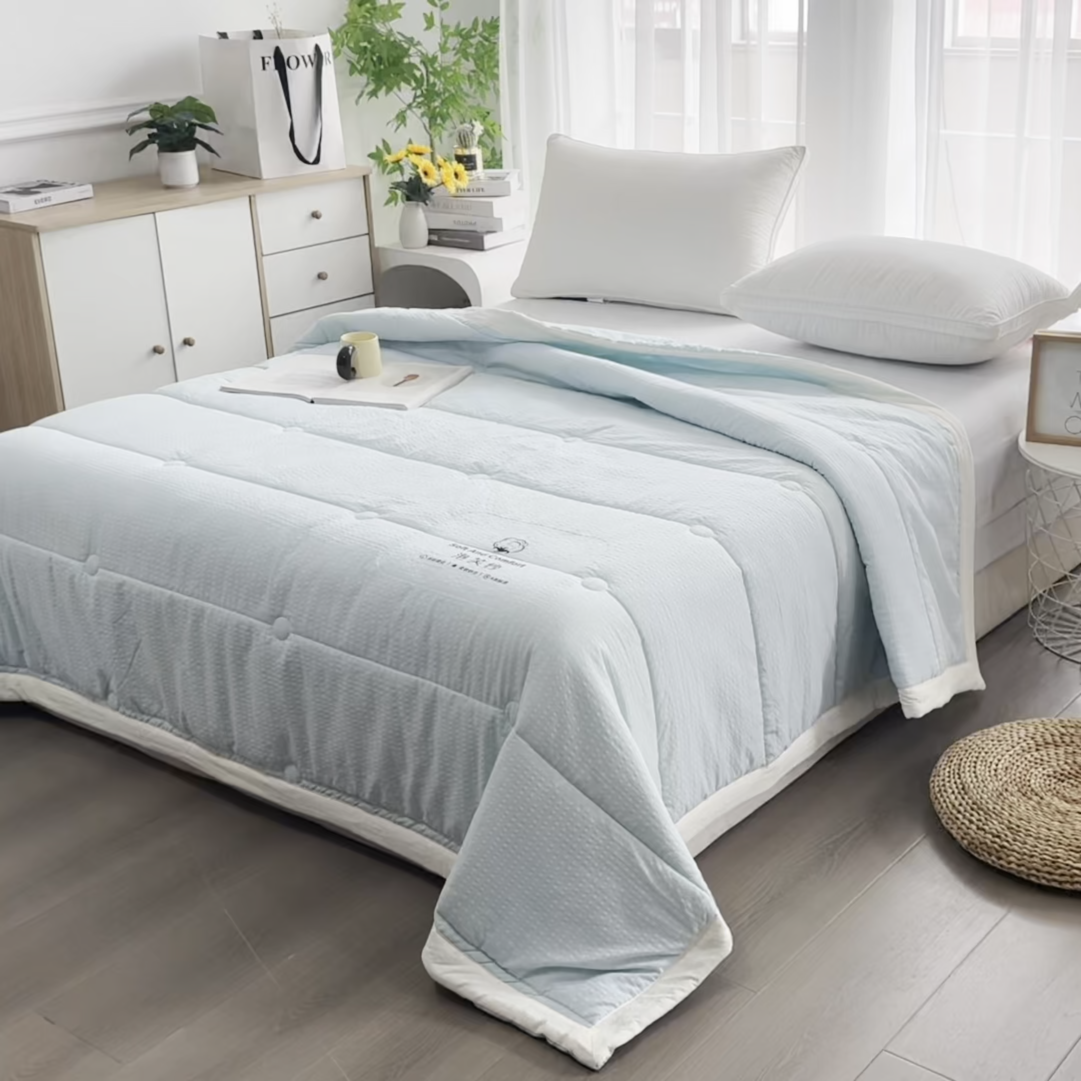 91家纺网 家纺一手货源 找家纺 恋绒家纺 2026春夏新款泡芙纱双层纱泡泡提花皱皱纱夏被夏凉被空调被 浅蓝色