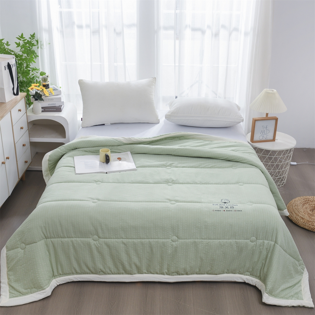 91家纺网 家纺一手货源 找家纺 恋绒家纺 2026春夏新款泡芙纱双层纱泡泡提花皱皱纱夏被夏凉被空调被 浅绿色