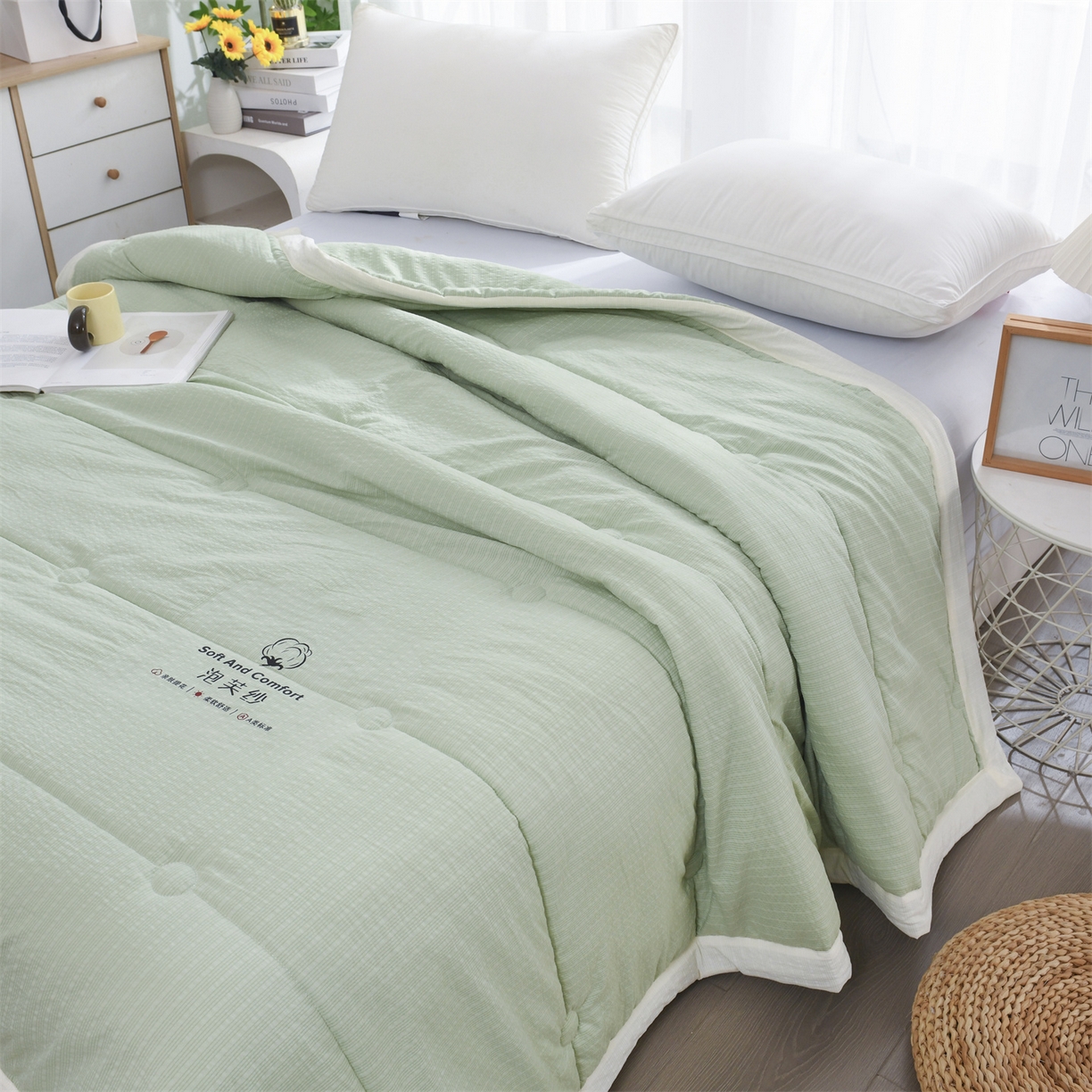 91家纺网 家纺一手货源 找家纺 恋绒家纺 2026春夏新款泡芙纱双层纱泡泡提花皱皱纱夏被夏凉被空调被 浅绿色