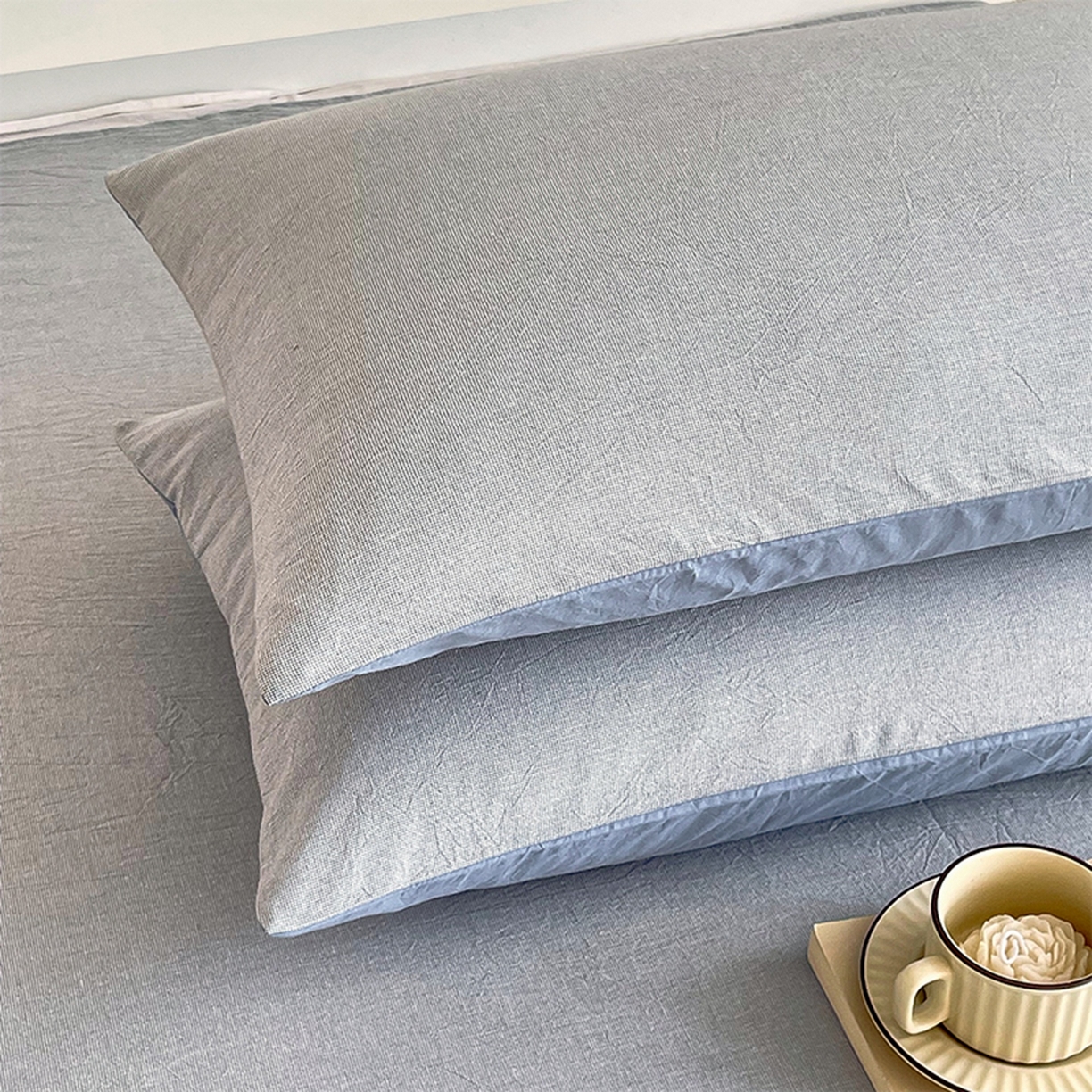 91家纺网 家纺一手货源 找家纺 春皖家纺 2026春夏新款全棉水洗棉单枕套枕套单件单品枕套 细条蓝