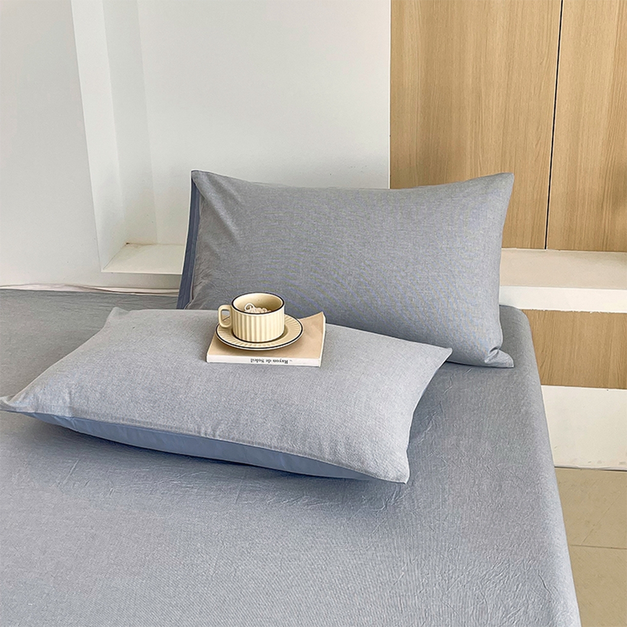 91家纺网 家纺一手货源 找家纺 春皖家纺 2026春夏新款全棉水洗棉单枕套枕套单件单品枕套 细条蓝