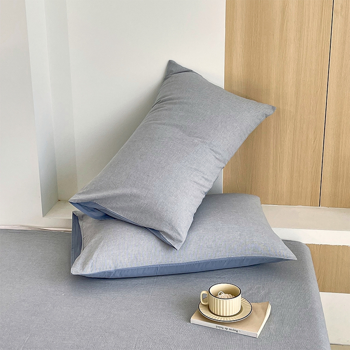 91家纺网 家纺一手货源 找家纺 春皖家纺 2026春夏新款全棉水洗棉单枕套枕套单件单品枕套 细条蓝