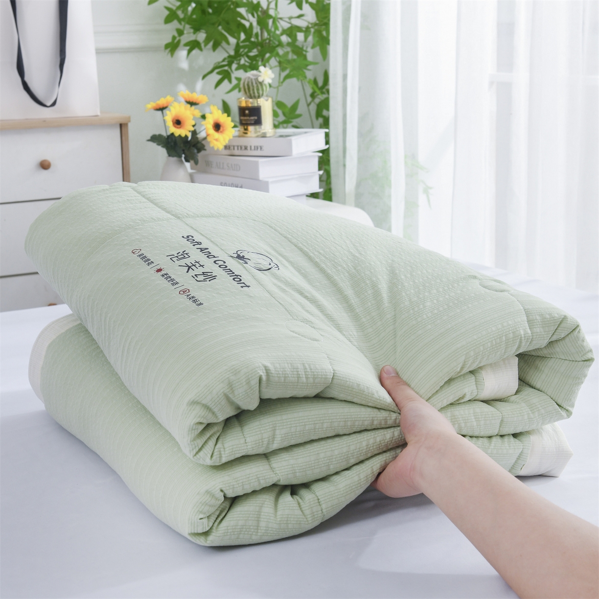 91家纺网 家纺一手货源 找家纺 恋绒家纺 2026春夏新款泡芙纱双层纱泡泡提花皱皱纱夏被夏凉被空调被 浅绿色