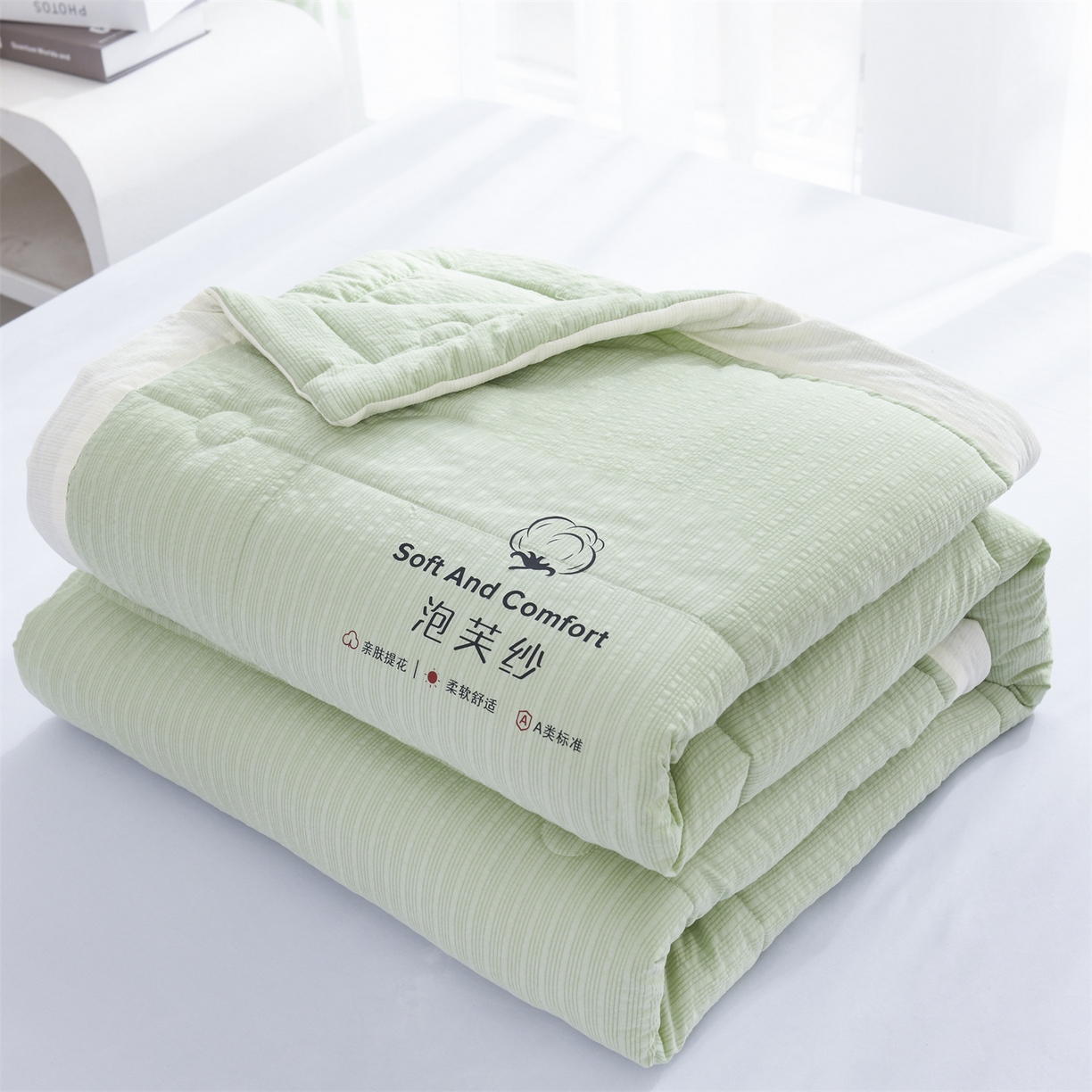 91家纺网 家纺一手货源 找家纺 恋绒家纺 2026春夏新款泡芙纱双层纱泡泡提花皱皱纱夏被夏凉被空调被 浅绿色