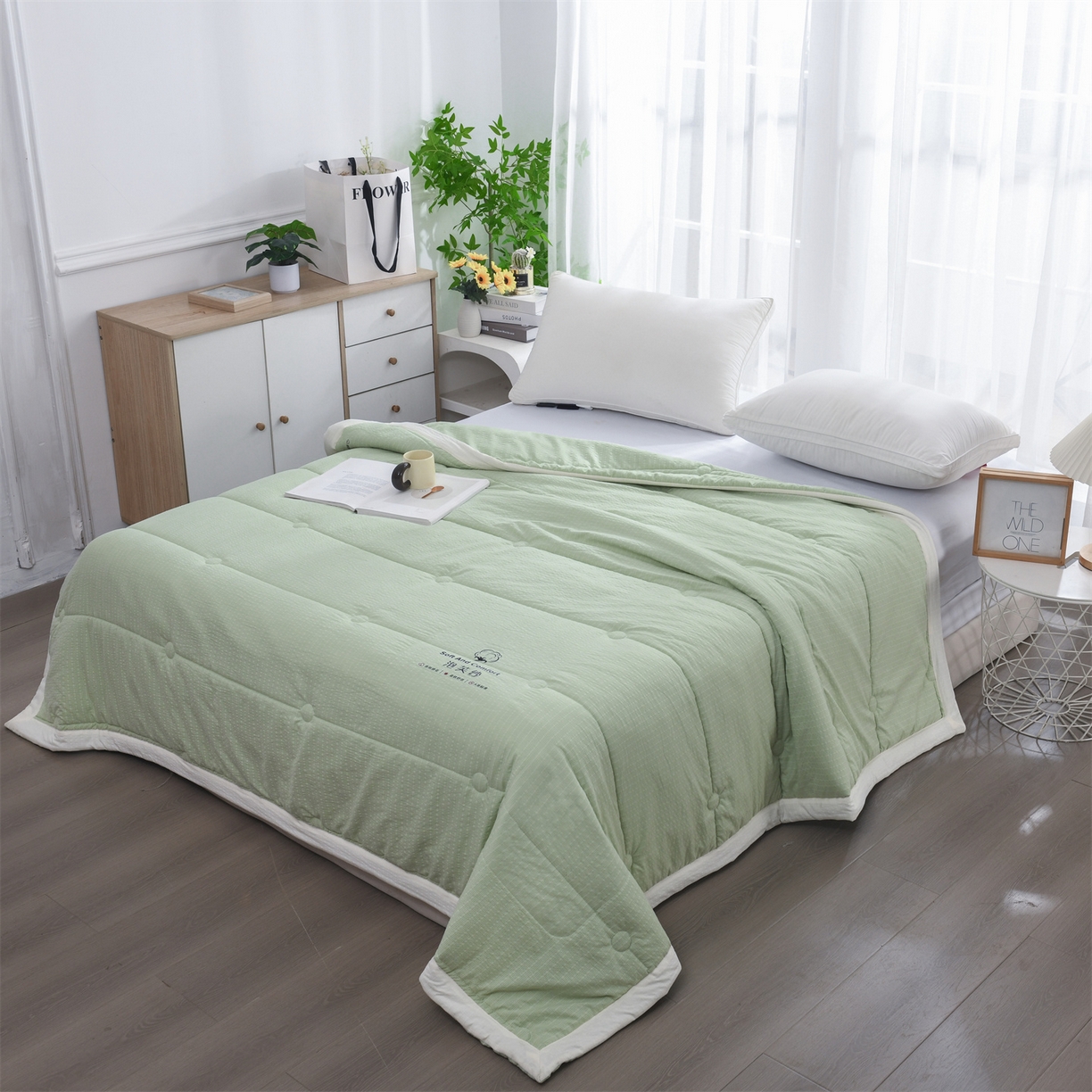 91家纺网 家纺一手货源 找家纺 恋绒家纺 2026春夏新款泡芙纱双层纱泡泡提花皱皱纱夏被夏凉被空调被 浅绿色