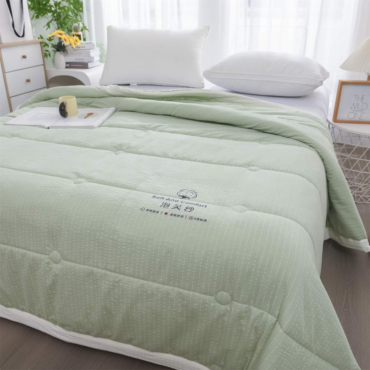 91家纺网 家纺一手货源 找家纺 恋绒家纺 2026春夏新款泡芙纱双层纱泡泡提花皱皱纱夏被夏凉被空调被 浅绿色