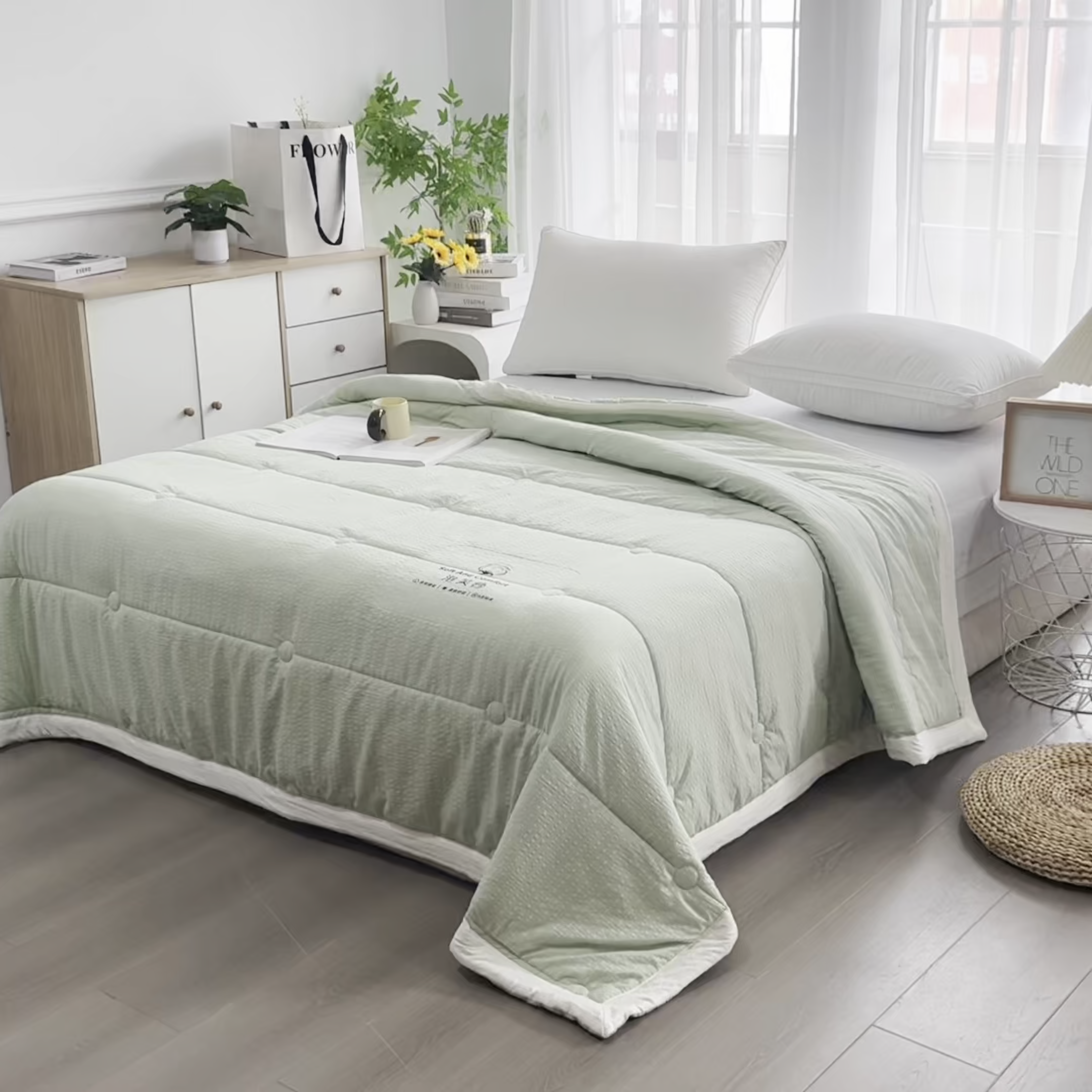 91家纺网 家纺一手货源 找家纺 恋绒家纺 2026春夏新款泡芙纱双层纱泡泡提花皱皱纱夏被夏凉被空调被 浅绿色