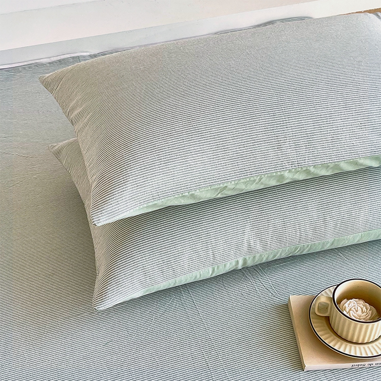 91家纺网 家纺一手货源 找家纺 春皖家纺 2026春夏新款全棉水洗棉单枕套枕套单件单品枕套 细条绿