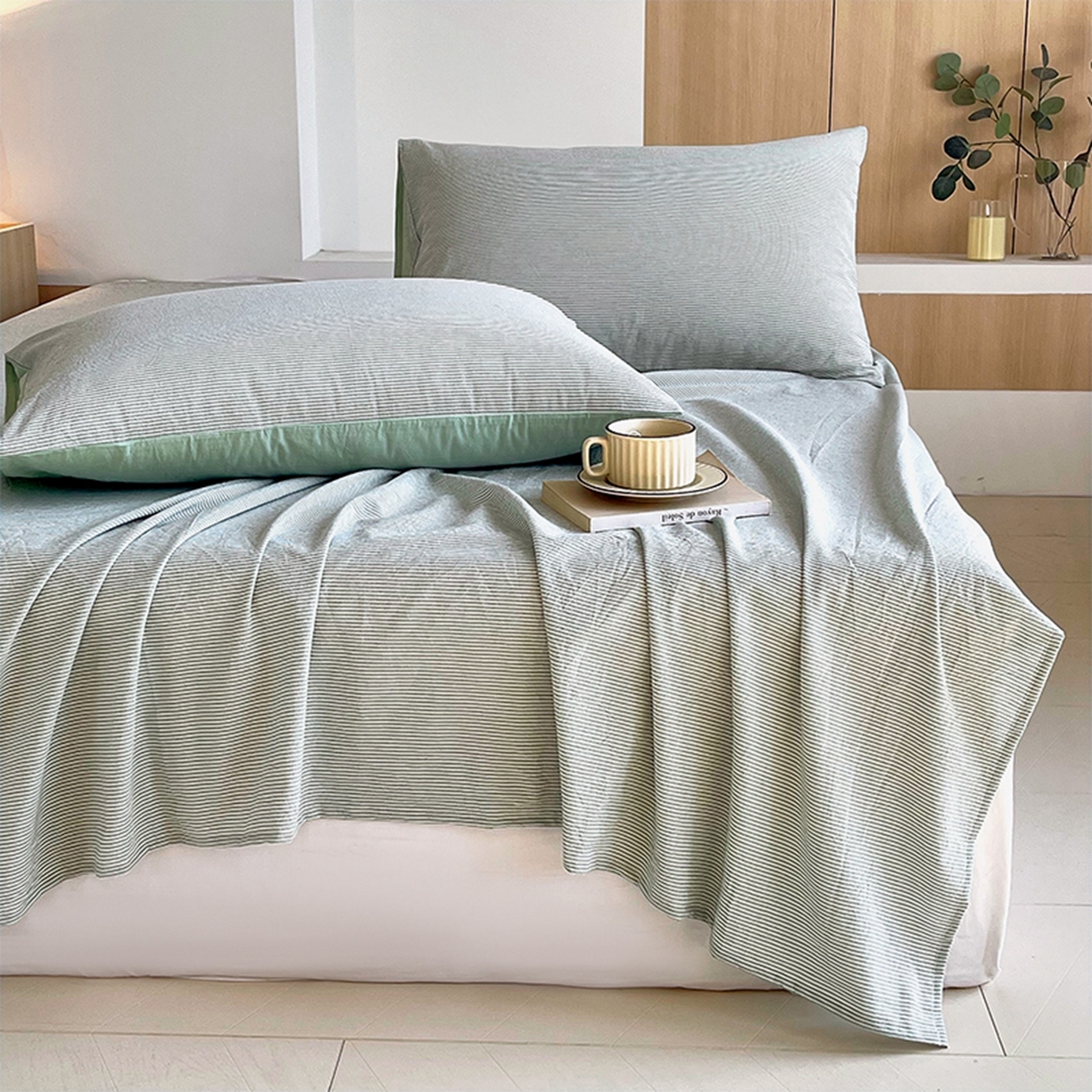 91家纺网 家纺一手货源 找家纺 春皖家纺 2026春夏新款全棉水洗棉单枕套枕套单件单品枕套 细条绿