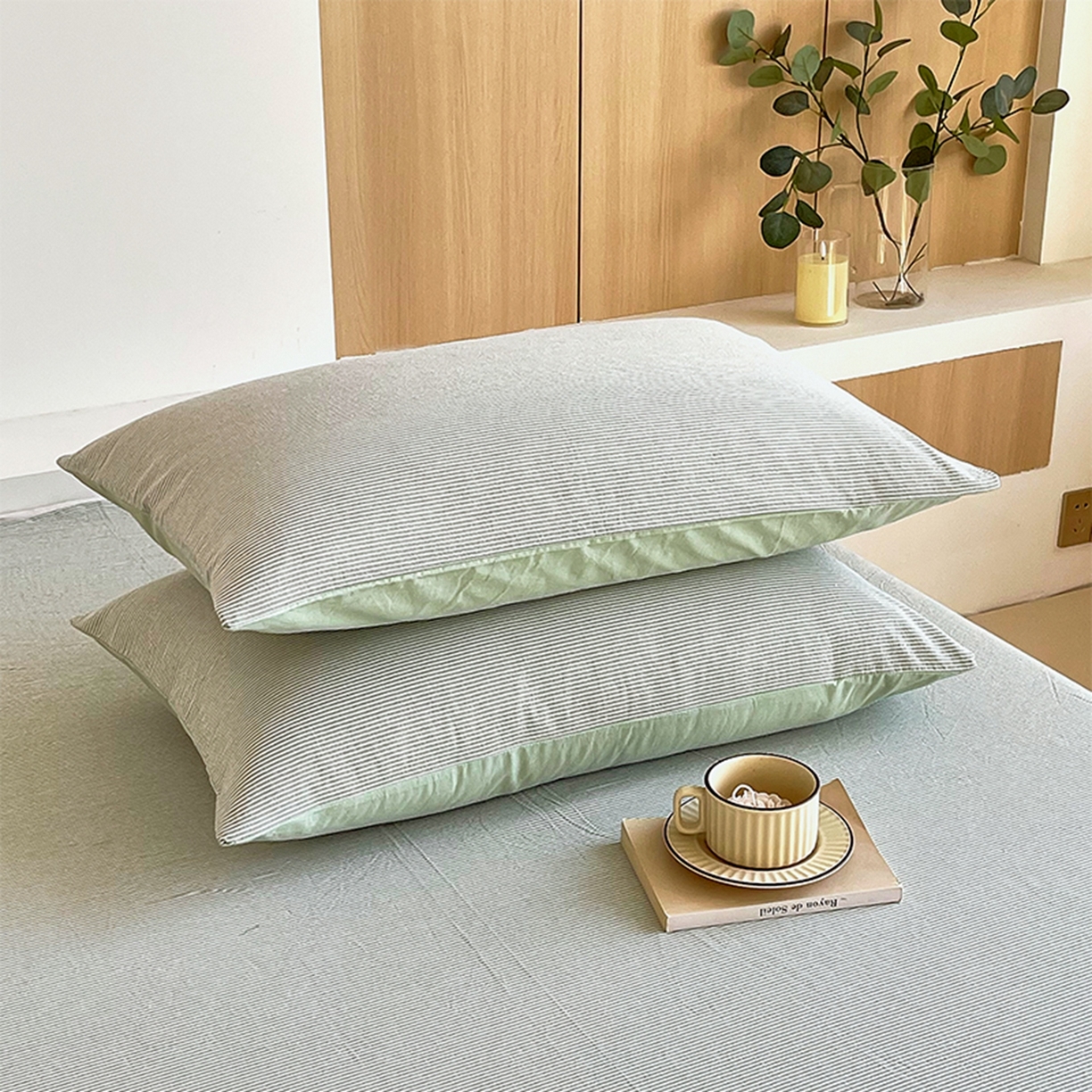 91家纺网 家纺一手货源 找家纺 春皖家纺 2026春夏新款全棉水洗棉单枕套枕套单件单品枕套 细条绿