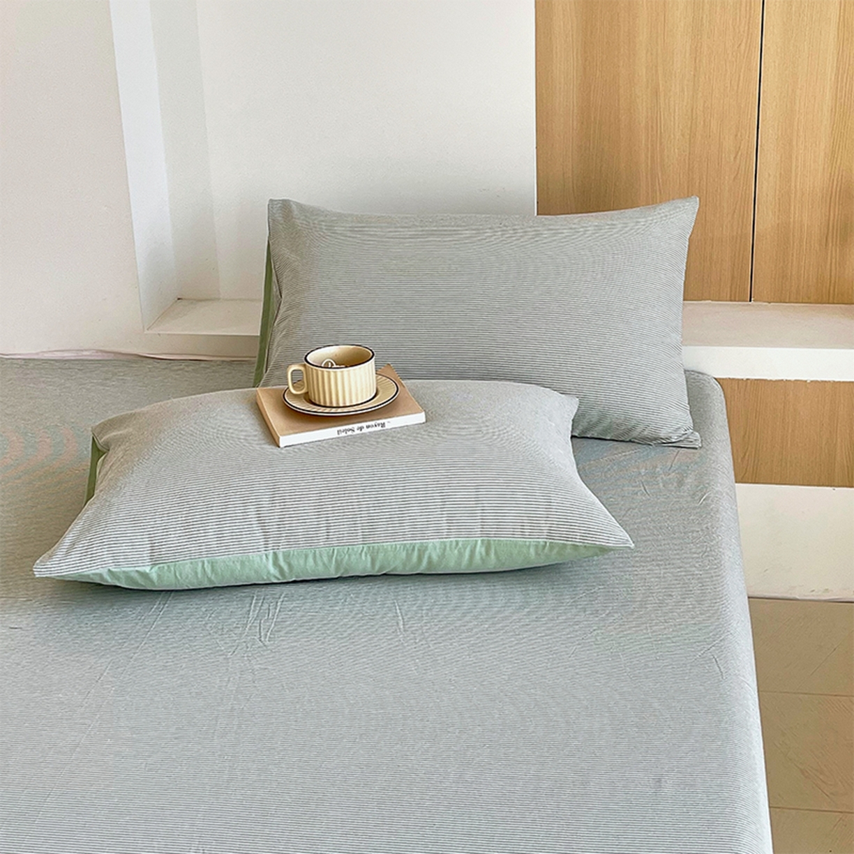 91家纺网 家纺一手货源 找家纺 春皖家纺 2026春夏新款全棉水洗棉单枕套枕套单件单品枕套 细条绿