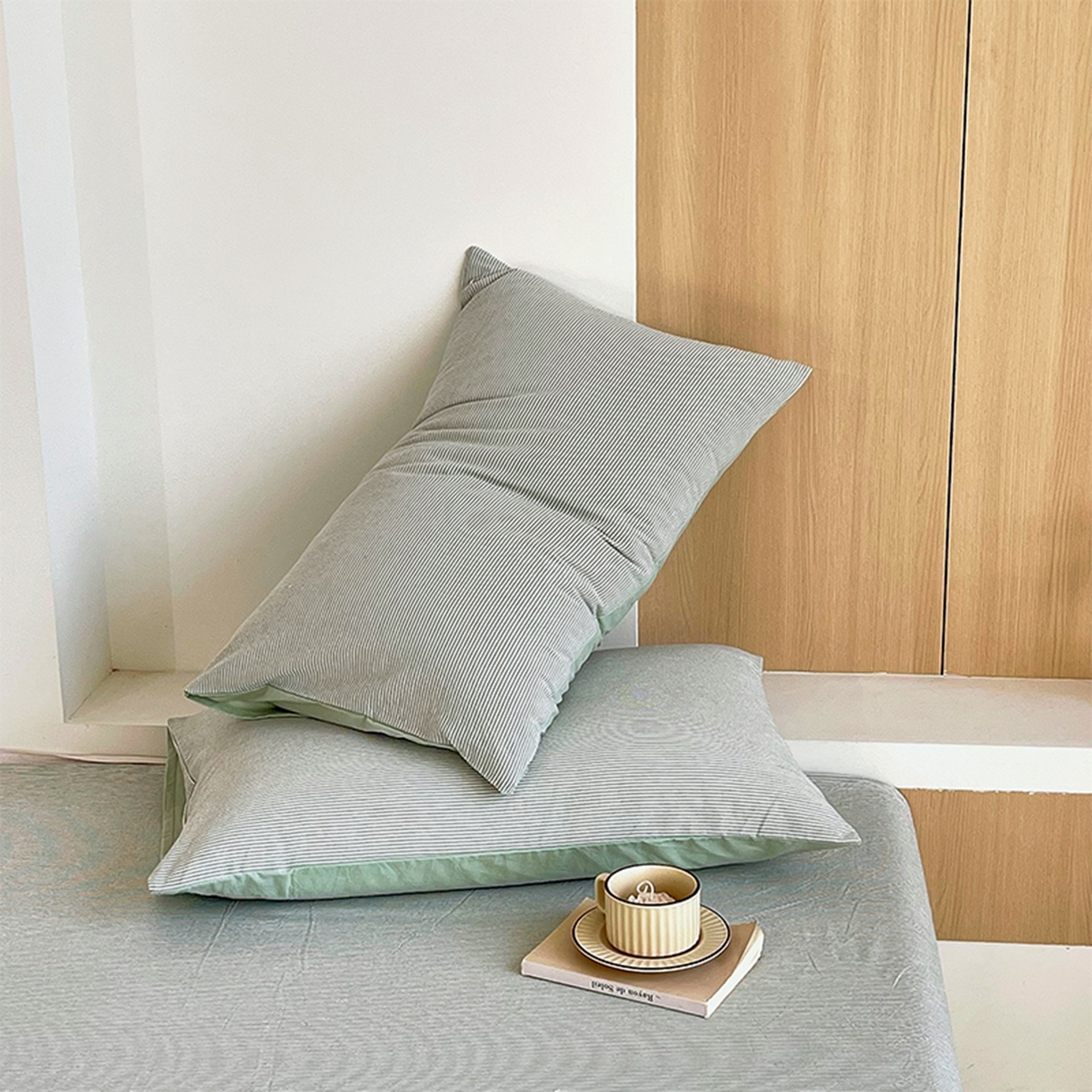 91家纺网 家纺一手货源 找家纺 春皖家纺 2026春夏新款全棉水洗棉单枕套枕套单件单品枕套 细条绿