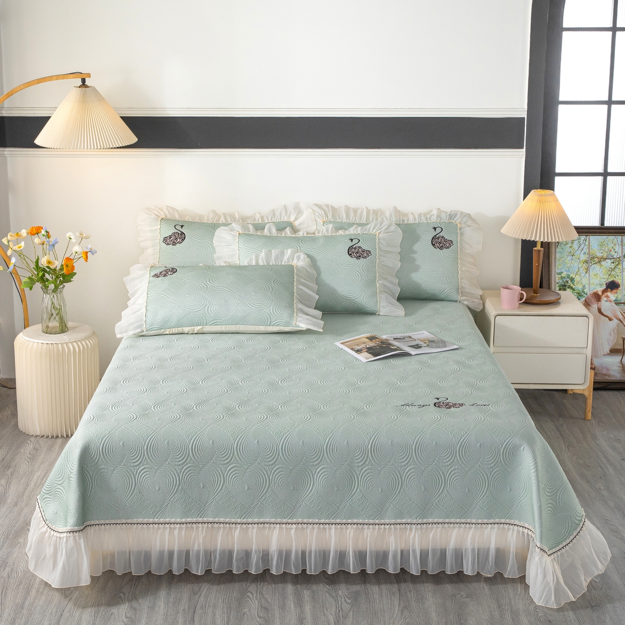 木兰花 2026新款凉豆豆款PE高分子复合凉感席床盖款凉席三件套-控价228 天鹅之恋-豆蔻绿